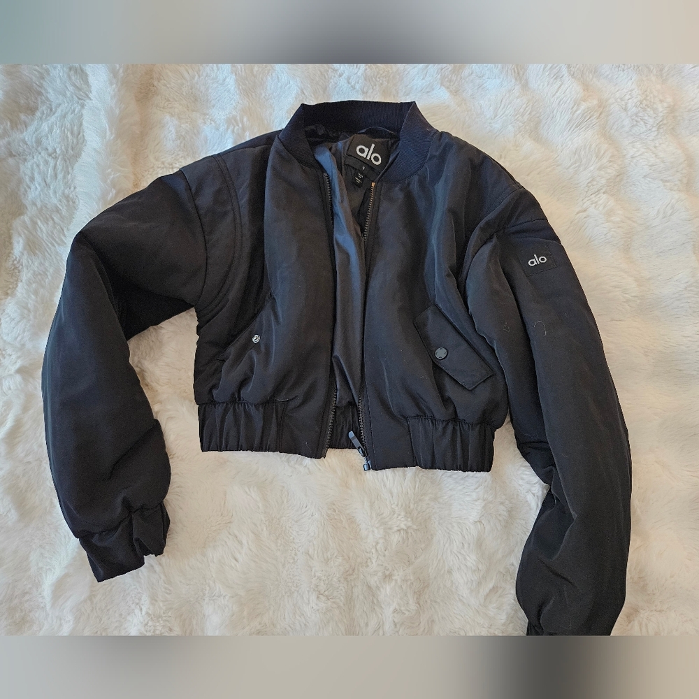 ALO Yoga Cropped Break Line Bomber Jacket Black